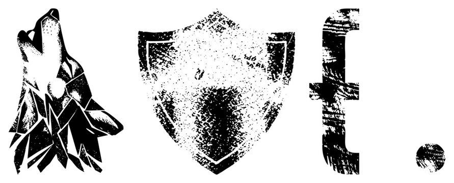 Stylized wolf howling, shield emblem, curly bracket, dot all in distressed halftone style, vector graphics for UI, branding or digital design.