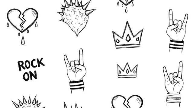 Hand-drawn rock and roll elements including horned hand gestures, broken hearts, and crowns are arranged in a black and white pattern.