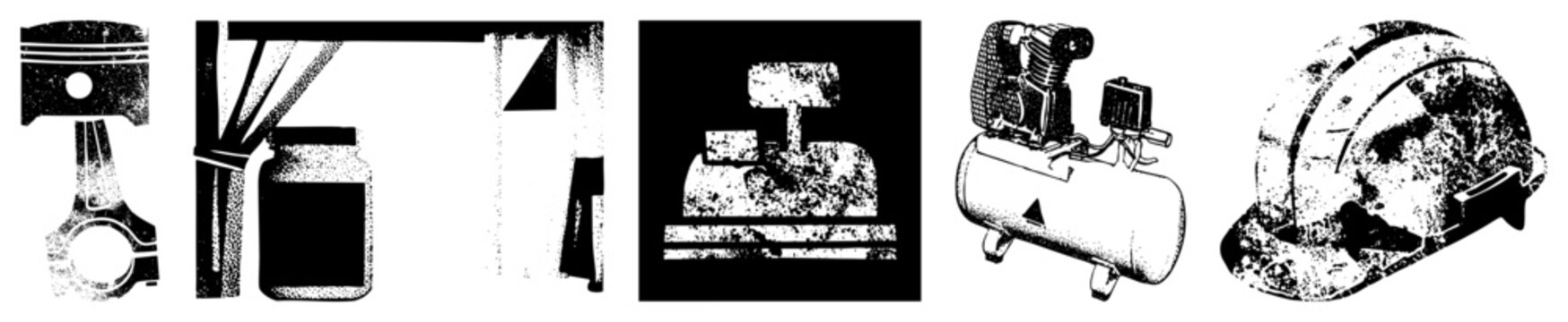Mechanical piston engine part, air compressor unit, safety helmet gear, industrial equipment, halftone vector graphics, machinery symbols.