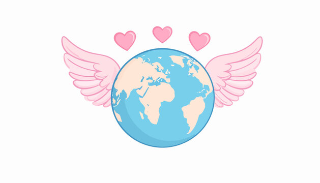 A charming animated depiction of the planet Earth, featuring elegant pink wings and tender hearts, symbolizing global peace, ecological well-being, and universal affection