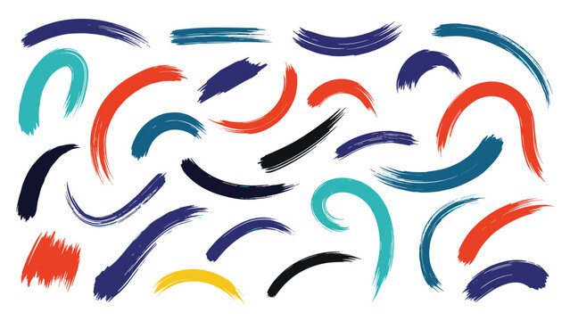 Diverse collection of expressive brush strokes in various colors and shapes is displayed to show artistic texture and movement on white.
