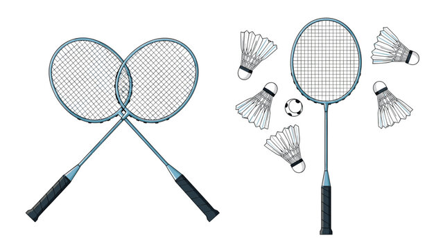 Two crossed badminton rackets and a single racket with several shuttlecocks and a ball are illustrated in a detailed hand-drawn style.