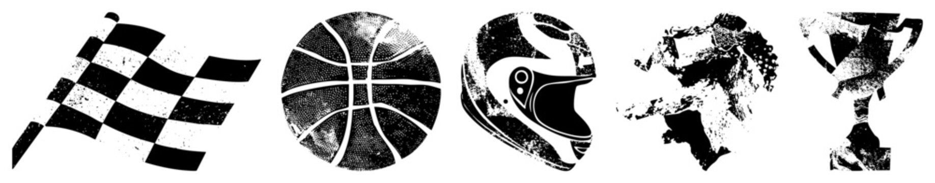 Racing flag waving, basketball with seams, motorbike helmet, athlete silhouette, trophy cup. Sports in halftone style, vector flat design for digital use.