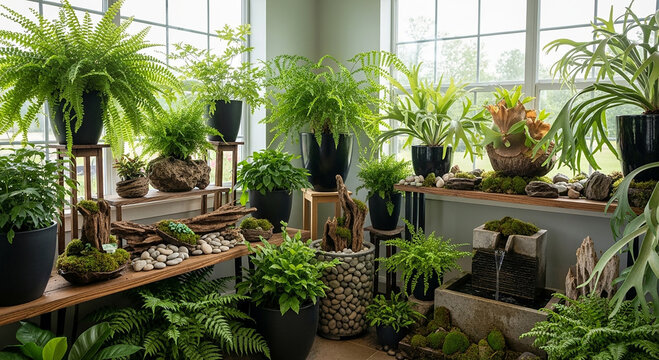 Indoor greenhouse with various potted plants and natural decor ferns green foliage