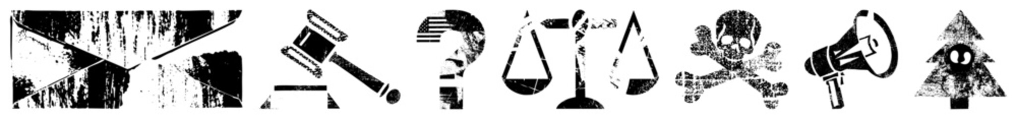 Fototapeta premium Graphic symbols including scales, gavel, skull, megaphone, question mark, tree, and abstract shapes, distressed texture, vector flat design, legal and protest themes.