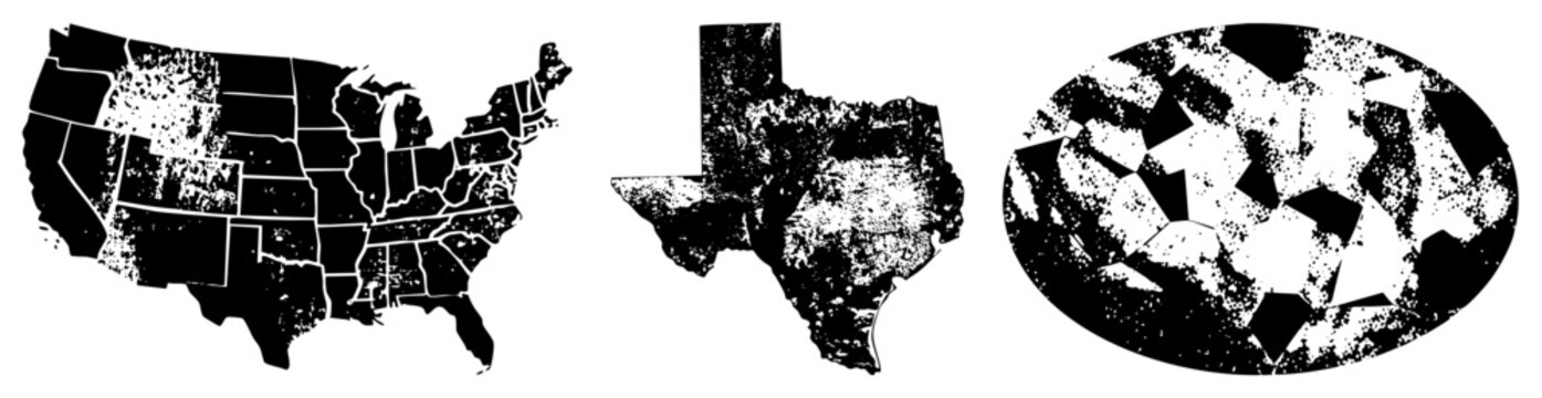 Vector map of United with borders and Texas silhouette, both featuring fragmented halftone noise texture, abstract digital glitch effect, geographic data visualization.