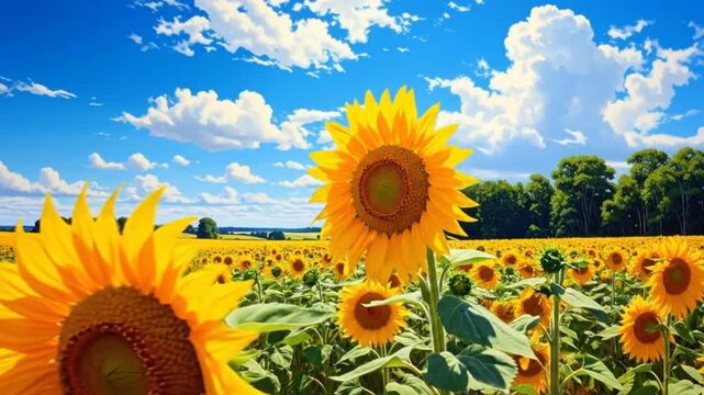 Vibrant field of sunflowers under a bright blue sky with f white clouds, a beautiful background.