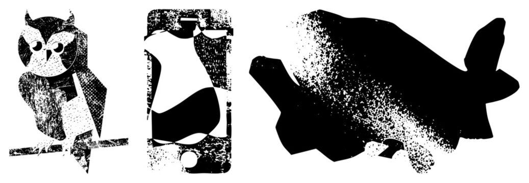 Black and white halftone vector illustrations geometric owl perched, abstract bottle silhouette, stylized fish form all rendered with grainy texture, isolated foreground elements.