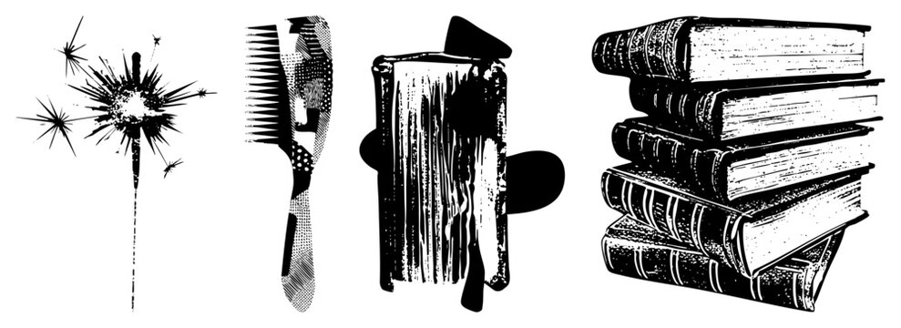 Black and white vector illustrations of a sparkler, comb, single book, and stacked books with halftone textures and inked.