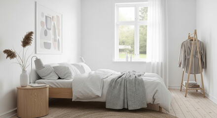 Fototapeta premium Minimalist Bedroom with White Walls and Natural Light wooden floor