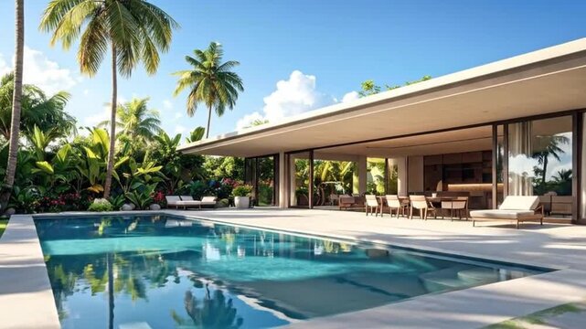Luxurious modern villa with a swimming pool, surrounded by lush tropical greenery, under a bright blue sky.