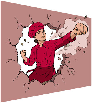 A chef in a red uniform punches through a cracked wall with a burst of smoke.