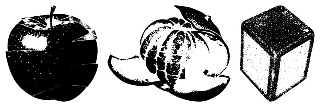 Black and white halftone illustrations of fruit and geometric cube, stylized vector art, graphic design elements, textured shading, aesthetic.