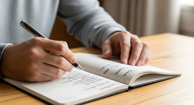 Close-up of a person's hands diligently writing notes in a personal journal or planner, focused on productivity and organization on a wooden table