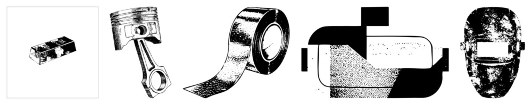 Piston, piston ring, welding mask, foil roll, aluminum ingot engineering, factory tools, safety equipment, technical illustrations, mechanical design.