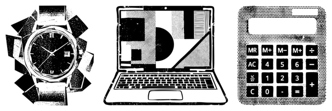 Classic analog watch with Roman numerals, retro laptop displaying geometric, calculator with function keys all rendered in bold halftone vector art.