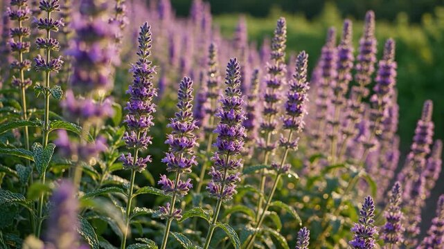 A field of purple anise hyssop flowers swaying gently on their stems in warm sunlight