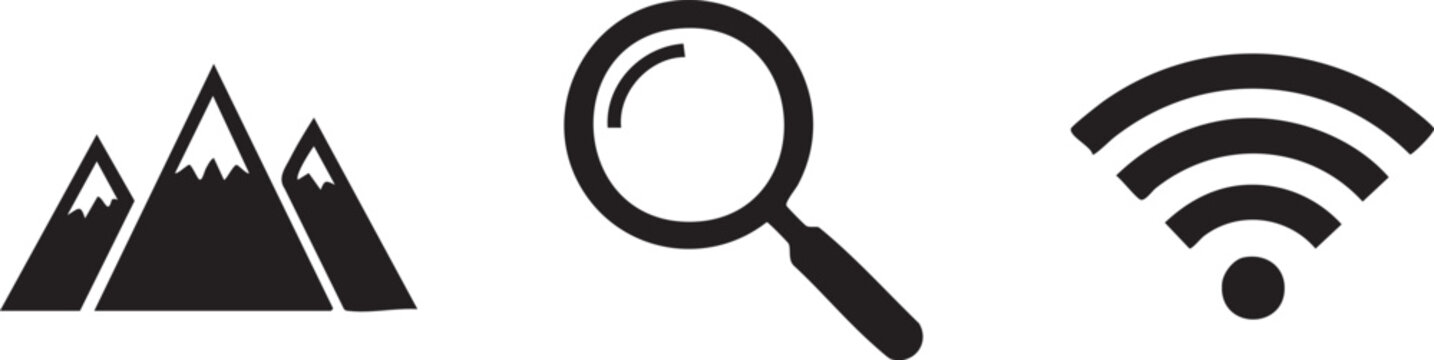 Black mountain, magnifying glass, wifi icons, simple silhouette symbols, web navigation elements
