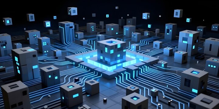 Futuristic Data Center and Circuit Board Concept with Glowing Cube Modules