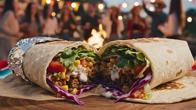Burrito mexicano relleno en primer plano con fiesta de Cinco de Mayo al fondo, gente bailando junto a una fogata, concepto de gastronom&iacute;a y celebraci&oacute;n tradicional mexicana.