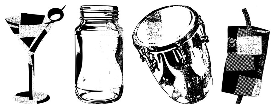 Cocktail glass with olive, mason jar, djembe drum, and checkered box, rendered in halftone dot, graphic illustration, retro aesthetic.
