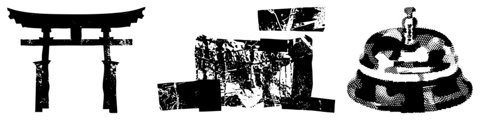 Obraz premium Japanese shrine gate, sacred entrance, temple wall with moss, ceremonial bell, vector, cultural symbols, black and white, halftone texture.