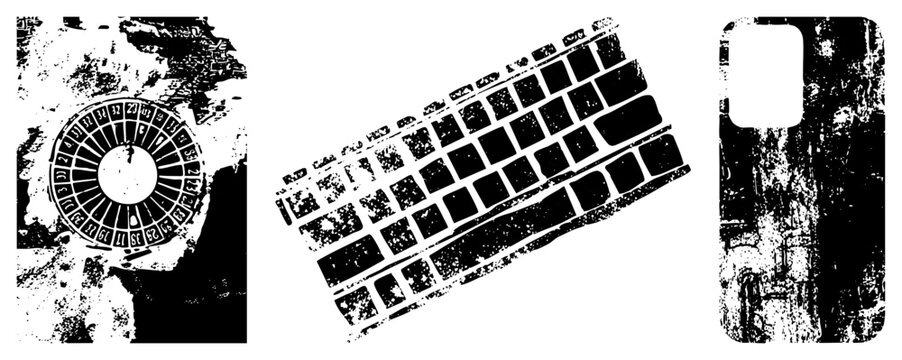 Distressed black and white vector roulette wheel, keyboard, phone case. High contrast, gritty texture. Ideal for gaming, tech, or vintage UI design.