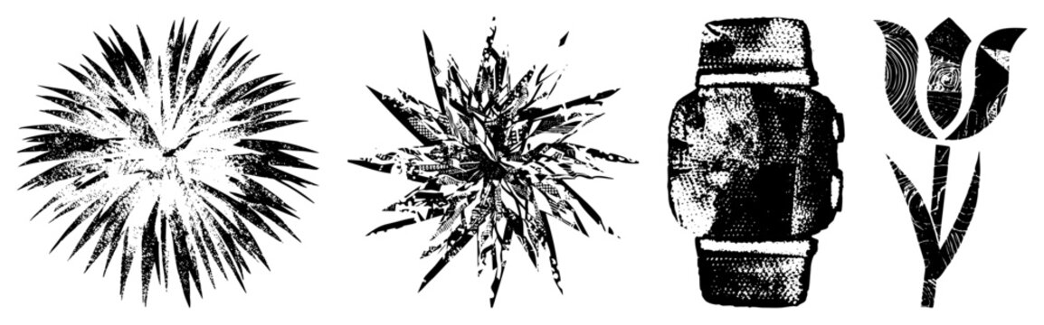 Black and white vector illustrations featuring spiky radial forms, textured starburst, golf bag silhouette, and stylized tulip with wood grain fill, rendered in halftone dot.