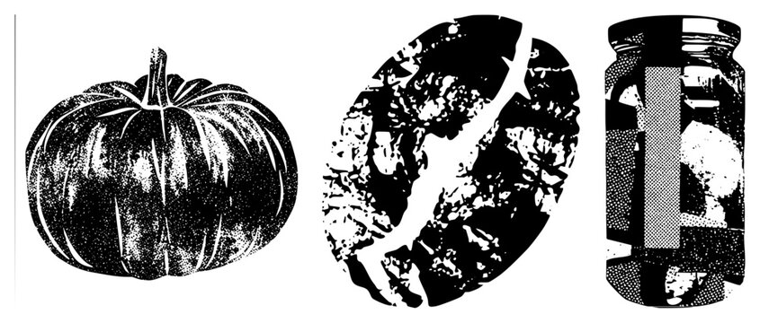 Black and white halftone pumpkin, coffee bean, and jar graphics. Retro print style, isolated vector art, food themed, autumn and beverage motifs.