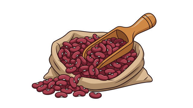 Burlap bag overflowing with red kidney beans and a wooden scoop, symbolizing healthy legumes, natural food, and culinary ingredients.