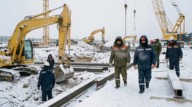 Construction Workers and Heavy Equipment on Snowy Industrial Building Site in Winter