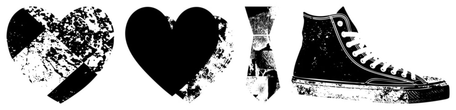 Grunge style vector featuring heart, necktie, and sneaker with textured, aesthetic, urban streetwear and vintage romance themes.