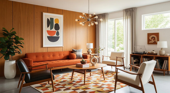Midcentury Living Room with Orange Sofa and Geometric Rug wooden walls