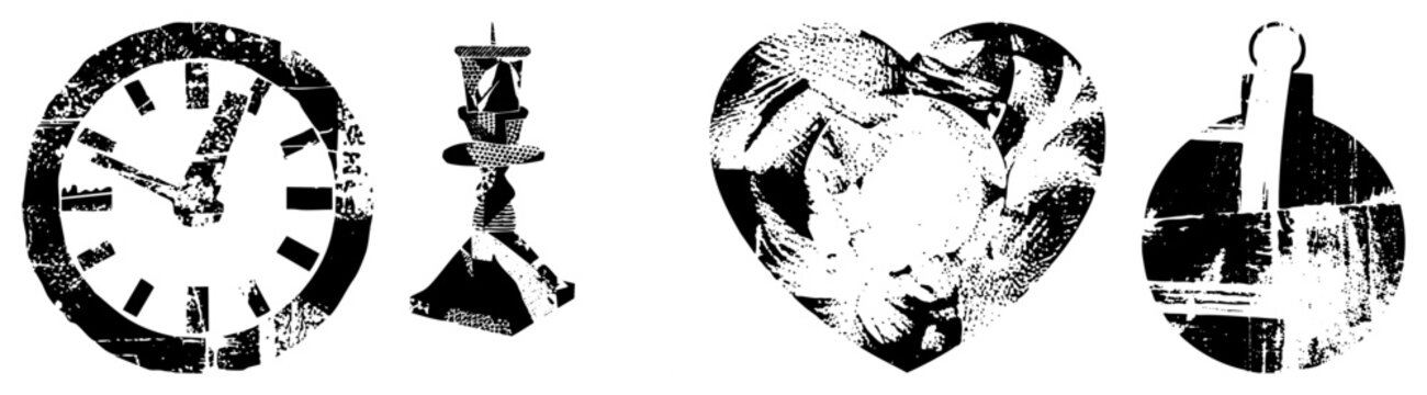 Distressed halftone vector clock, candlestick, heart portrait, pendant. Retro graphic design elements with gritty texture and bold contrast. Ideal for vintage UI or print projects.