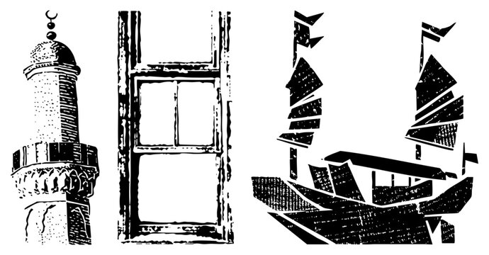 Ornate minaret with moon, aged wooden window frame, fragmented sailboat with geometric sails, black and white vector art.