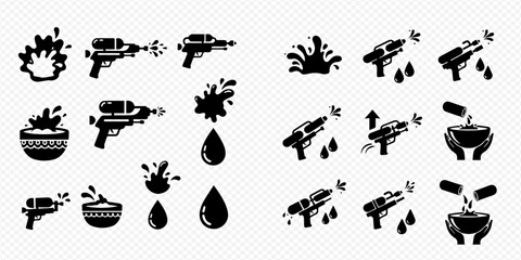 Fototapeta premium Water Gun and Water Splash Icons Set for Playful Summer Activities.