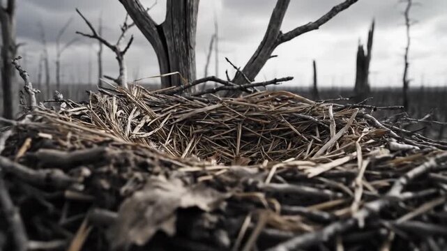 An empty avian nest constructed from twigs and branches, set against a backdrop of stark, desolate trees.