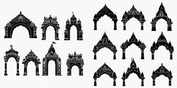 Collection of ornate temple arches and gates, featuring traditional Asian architectural elements in black and white.