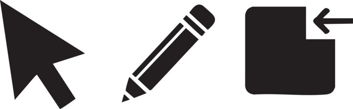 Black computer cursor, pencil, and file icons, vector graphics, web design elements, black and white illustrations
