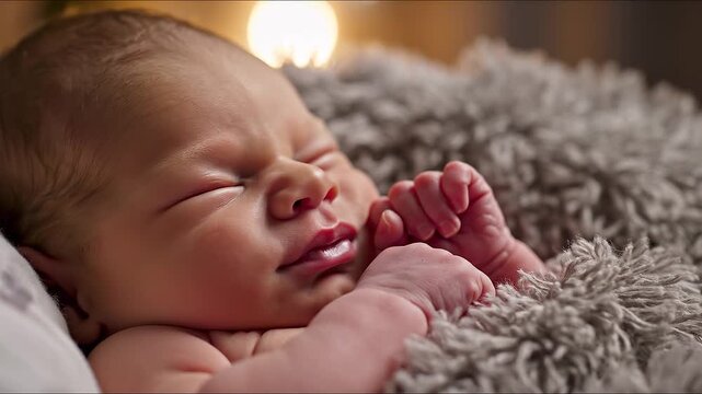 Close up portrait of a sleeping newborn baby lying on a soft grey shaggy blanket with warm bokeh light background