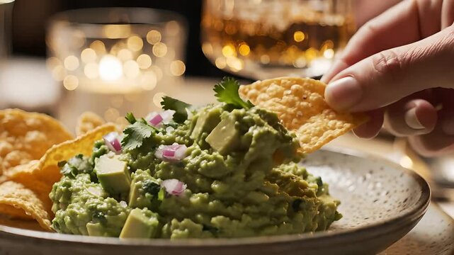Nacho de ma&iacute;z sumergi&eacute;ndose en guacamole cremoso con cilantro y cebolla, cena festiva del Cinco de Mayo en restaurante, concepto de comida mexicana aut&eacute;ntica y aperitivos de