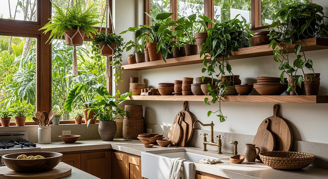 Rustic kitchen with wooden shelves filled with potted plants and kitchenware green leaves