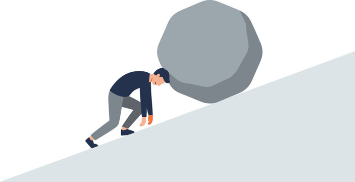 A man struggles to push a large boulder uphill on a slope.