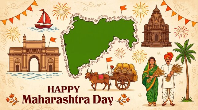 Happy maharashtra day illustration, traditional symbols and cultural elements.