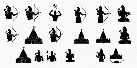 Obraz premium Hindu Deities and Temple Silhouettes Collection: Traditional Indian Religious Iconography.