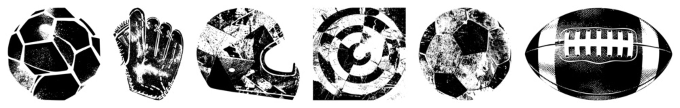 Classic sports equipment rendered in halftone style, vintage distressed texture, isolated vector for design, soccer ball, baseball glove, football, target emblem.