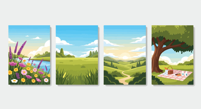 Set of 4 Spring Summer Landscape Vector Illustrations