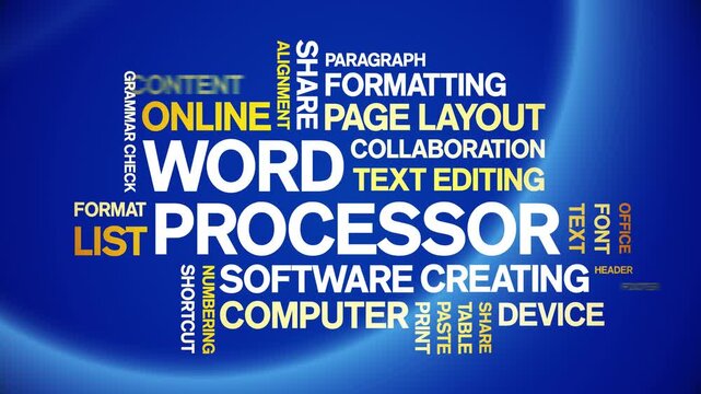 Word Processor animated word cloud-text design animation tag kinetic typography seamless loop.