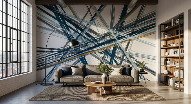 Modern living room with abstract blue wall mural and beige sofa