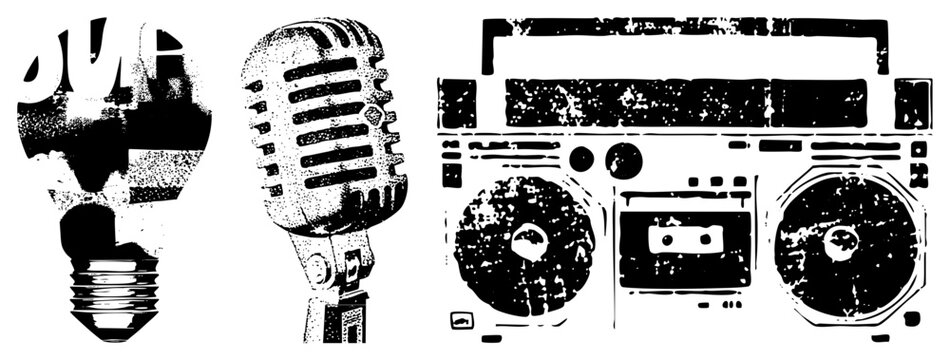 Retro styled light bulb, classic microphone, and boombox with cassette deck, all rendered in gritty halftone vector art, perfect for music, nostalgia, or tech themed designs.